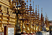 Bagan Myanmar. Shwezigon pagoda. Golden metal leaves jingle when the wind blows. 